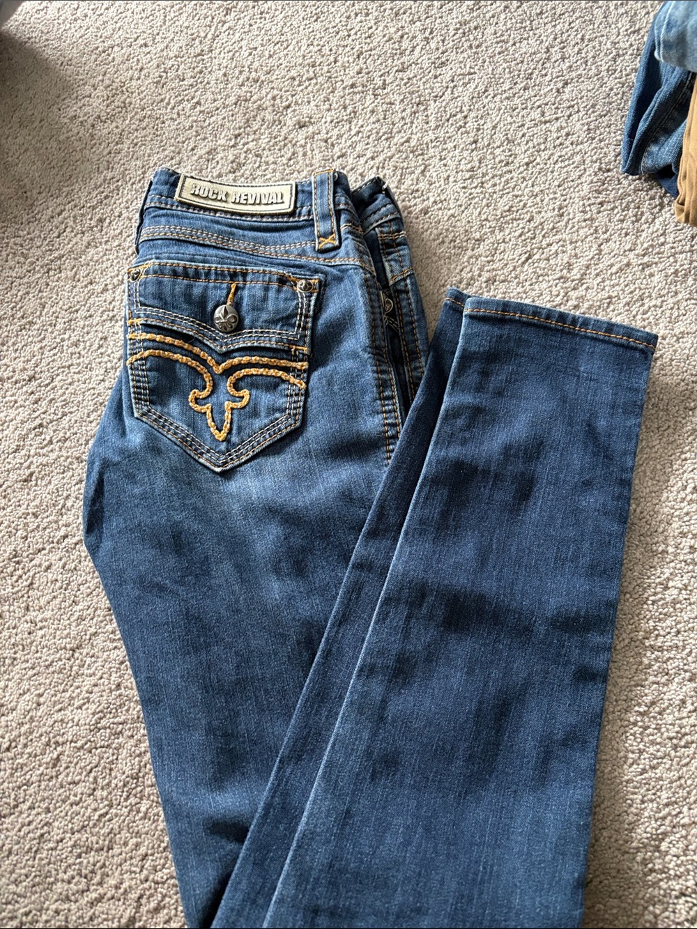 Rock Revival Dark Blue Skinny Jeans with Gold Pocket Stitching